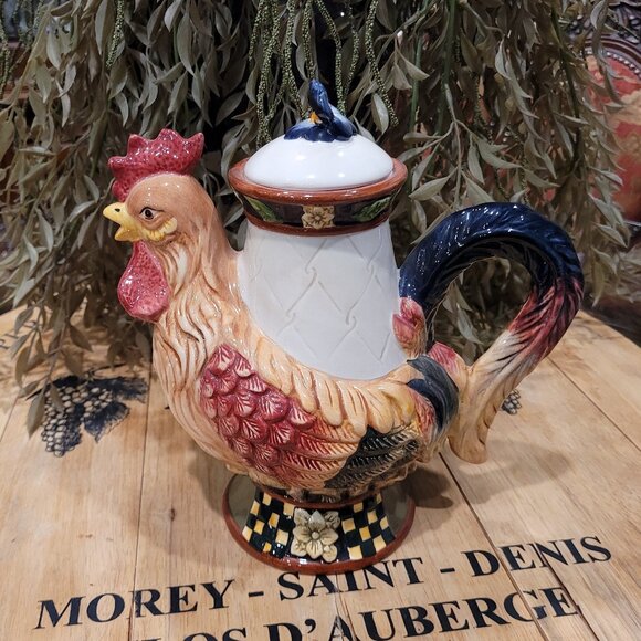 New Bella Casa Checker Board Pattern Rooster Teapot - Picture 1 of 7